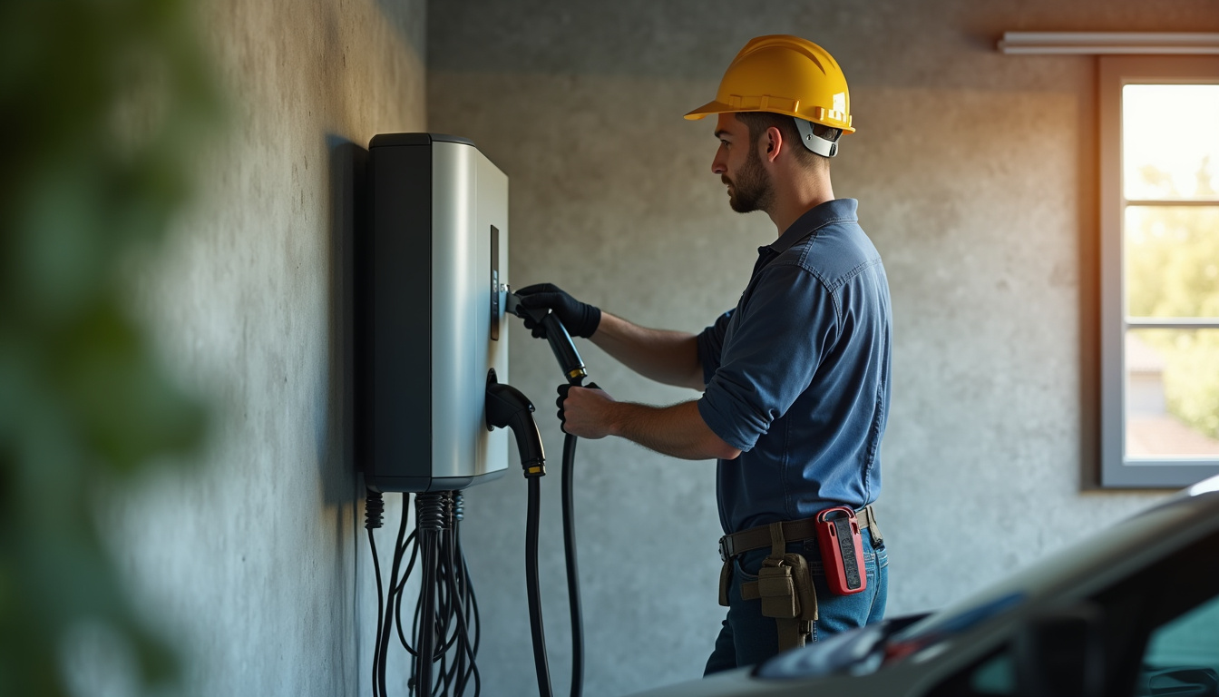 Technicien en train d'installer une borne de recharge électrique dans un garage à Ercé-en-Lamée