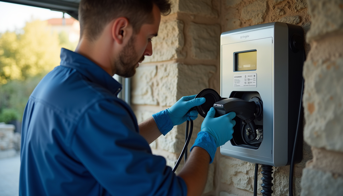 Technicien en train d'installer une borne de recharge électrique dans un garage à Le Plan-de-la-Tour, vêtu d'une tenue de travail, connectant les câbles au tableau électrique