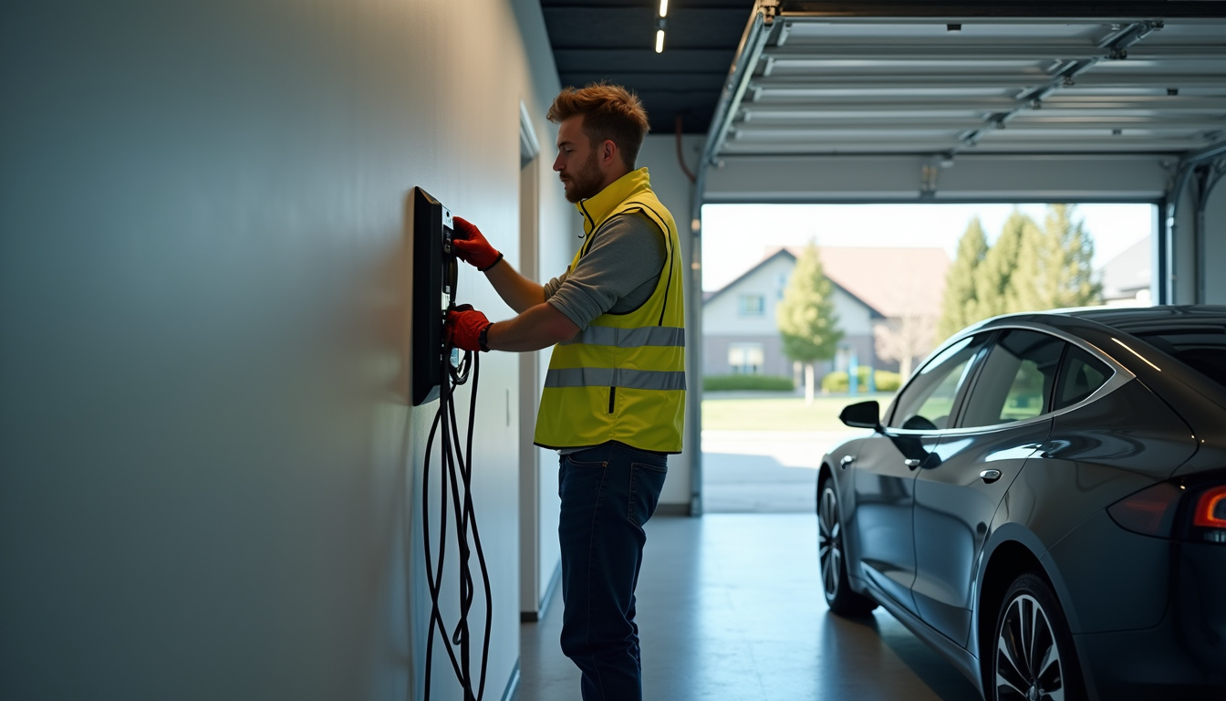 Technicien en train d’installer une borne de recharge électrique dans un garage à Monswiller