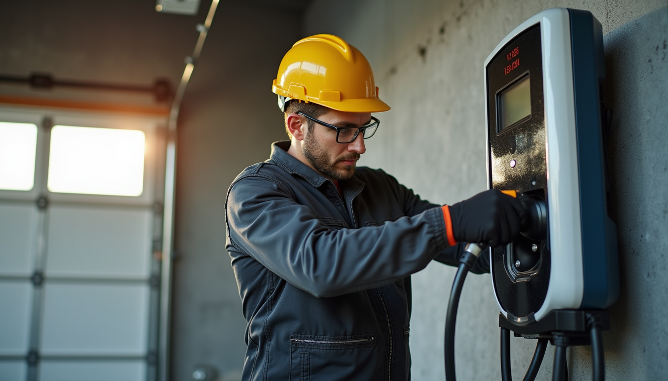 Technicien en train d'installer une borne de recharge électrique dans un garage à Saint-Martin-du-Tertre