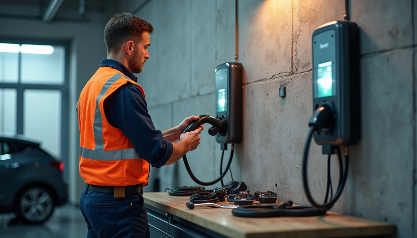 Technicien en train d'installer une borne de recharge électrique dans un garage à Saint-Romain-le-Puy