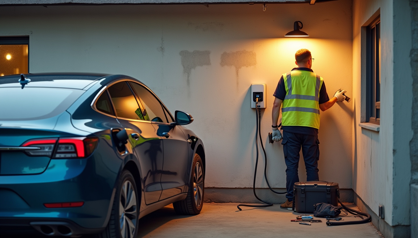 Technicien en train d'installer une borne de recharge électrique dans un garage à Villeparisis