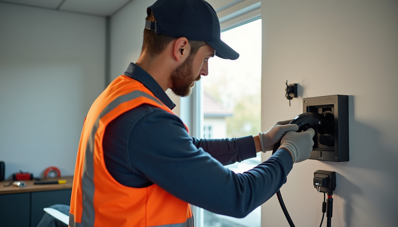 Technicien en train d'installer une borne de recharge électrique dans un garage à Viry-Noureuil