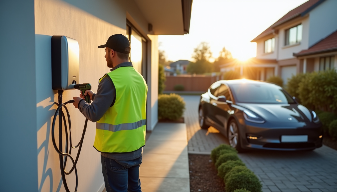 Technicien en train d’installer une borne de recharge électrique dans une habitation à Le Pizou