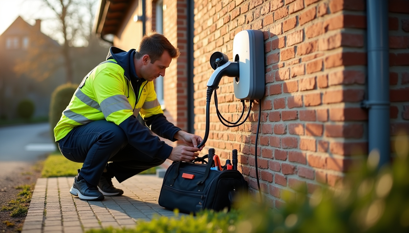 Technicien en train d'installer une borne de recharge électrique dans une maison à La Neuville-Chant-d'Oisel