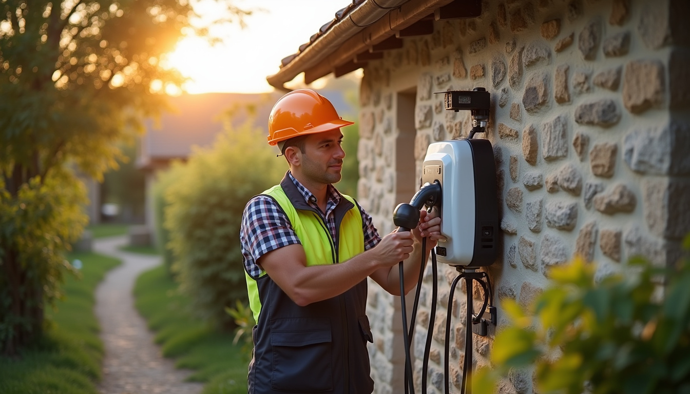 Technicien en train d’installer une borne de recharge électrique dans une maison à Montaigu-de-Quercy