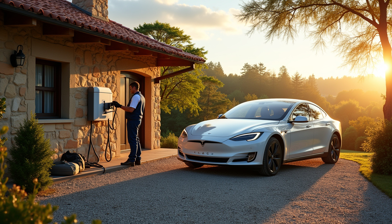 Technicien en train d'installer une borne de recharge électrique dans une propriété à Larra