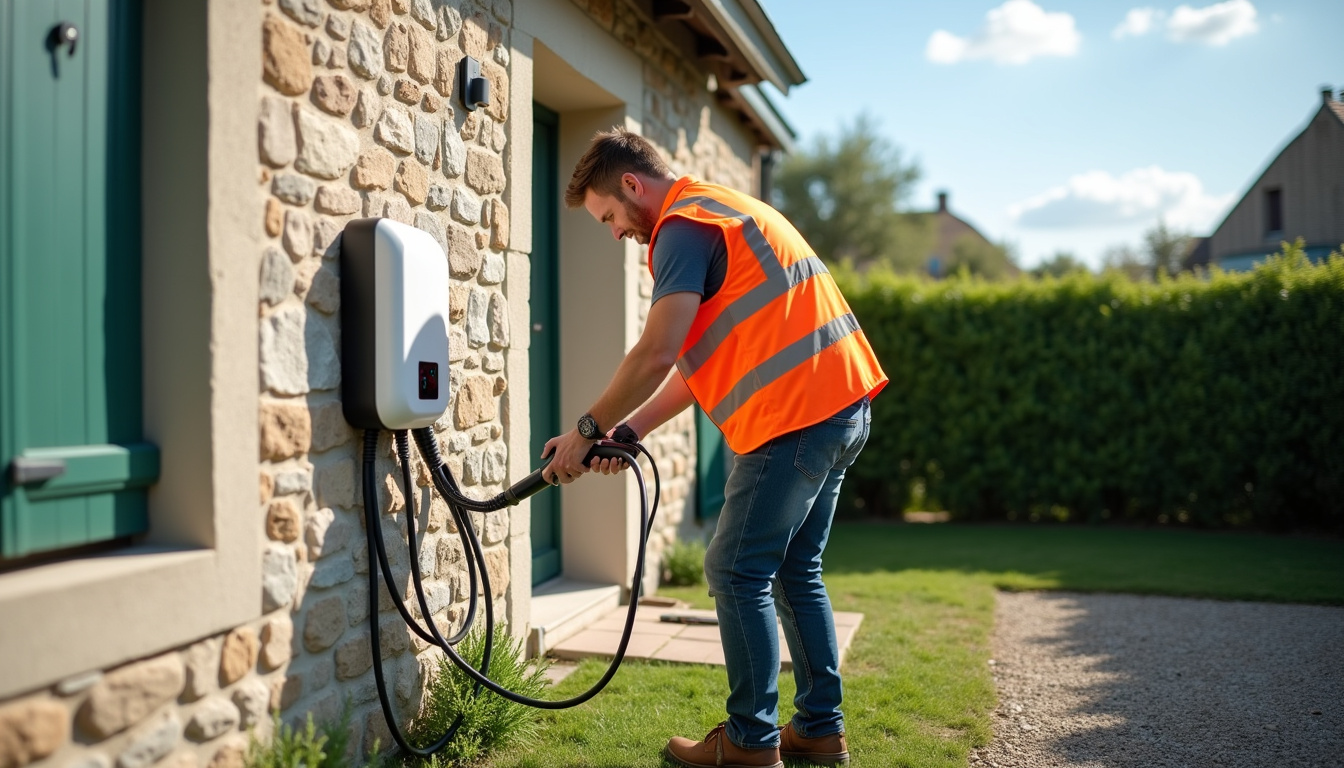 Technicien en train d'installer une borne de recharge électrique devant une maison à Plumelec