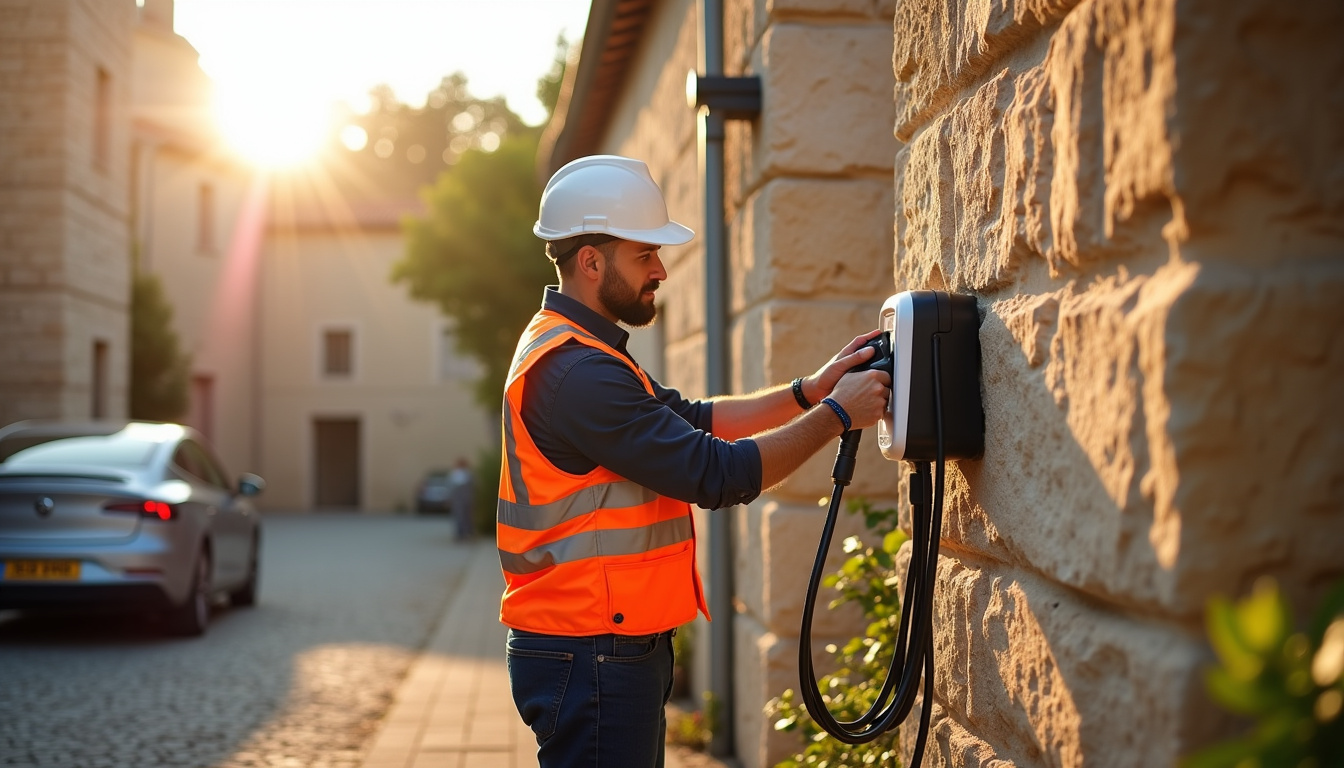 Technicien en train d'installer une borne de recharge électrique pour un particulier à Aigues-Mortes