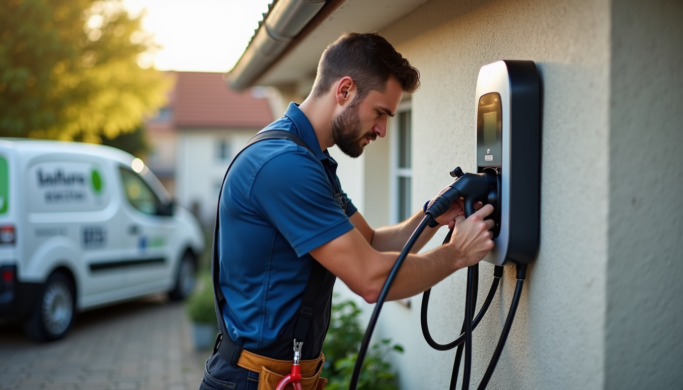 Technicien en train d'installer une borne de recharge électrique pour un particulier à Chaumes-en-Retz