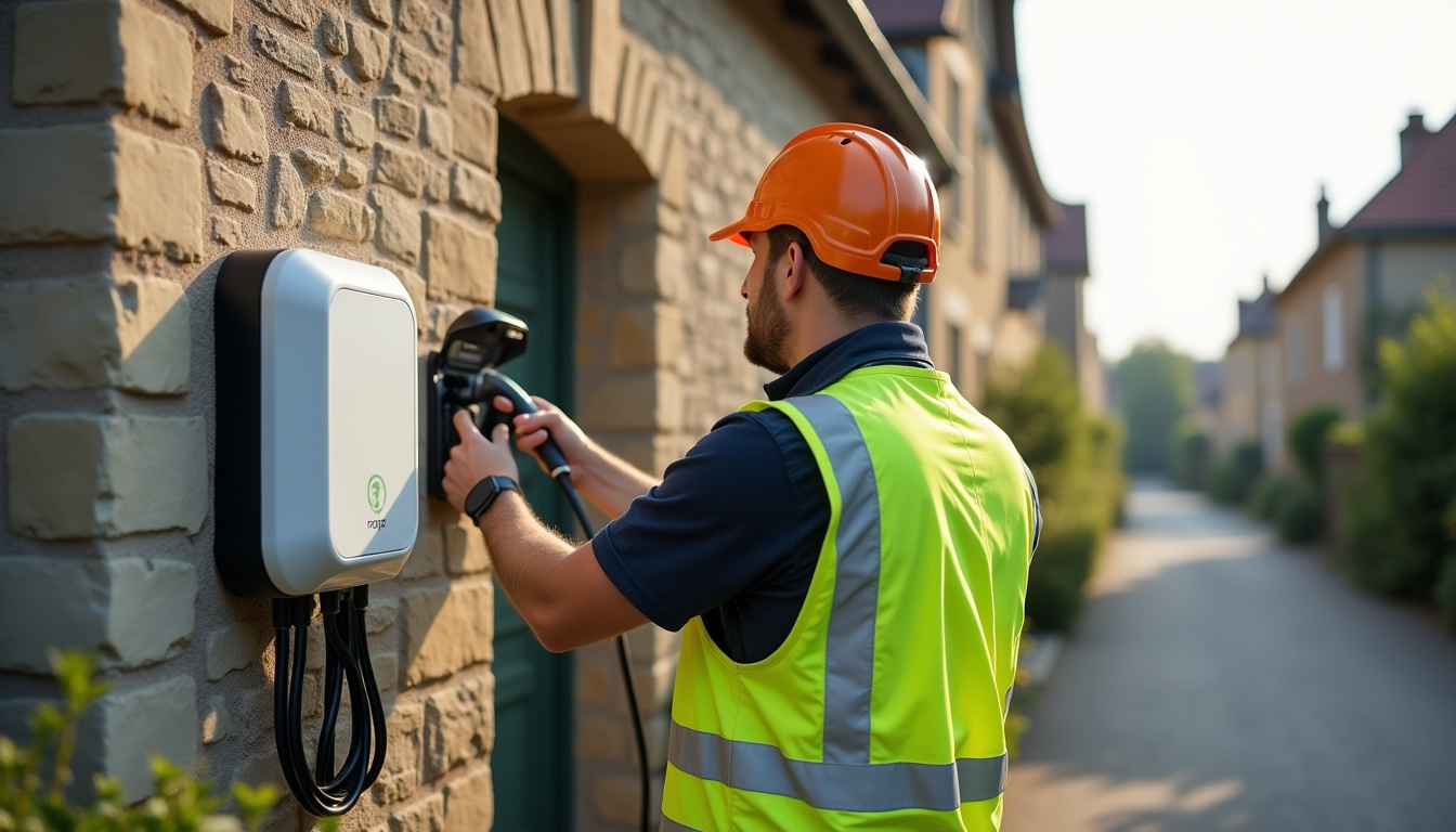 Technicien en train d'installer une borne de recharge électrique pour un particulier à Lignières-de-Touraine