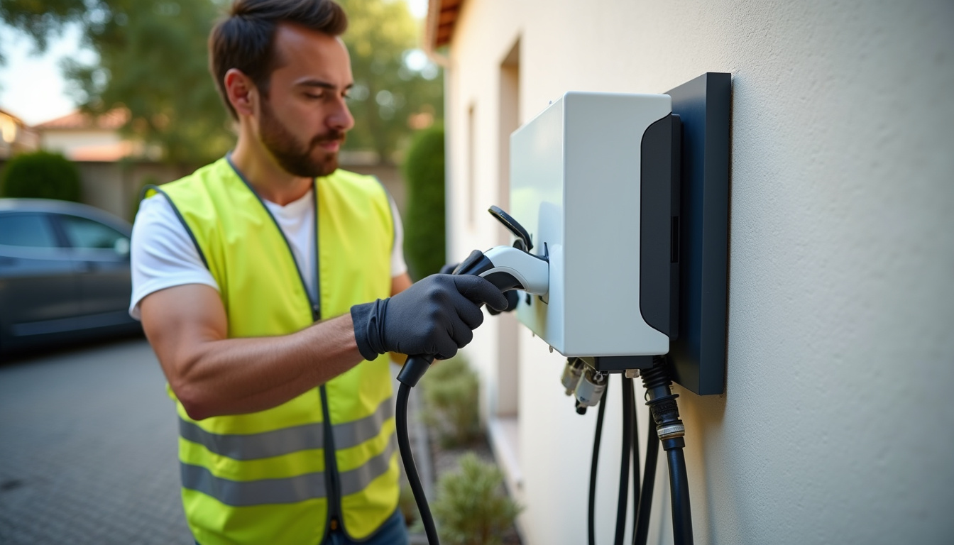 Technicien en train d'installer une borne de recharge électrique pour un particulier à Sorgues