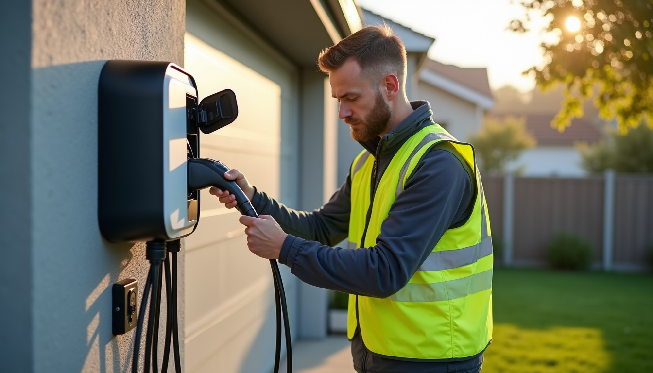 Technicien en train d'installer une borne de recharge électrique pour un particulier