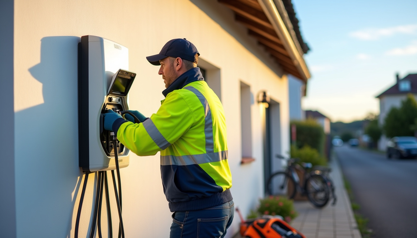 Technicien en train d'installer une borne de recharge électrique pour un véhicule électrique