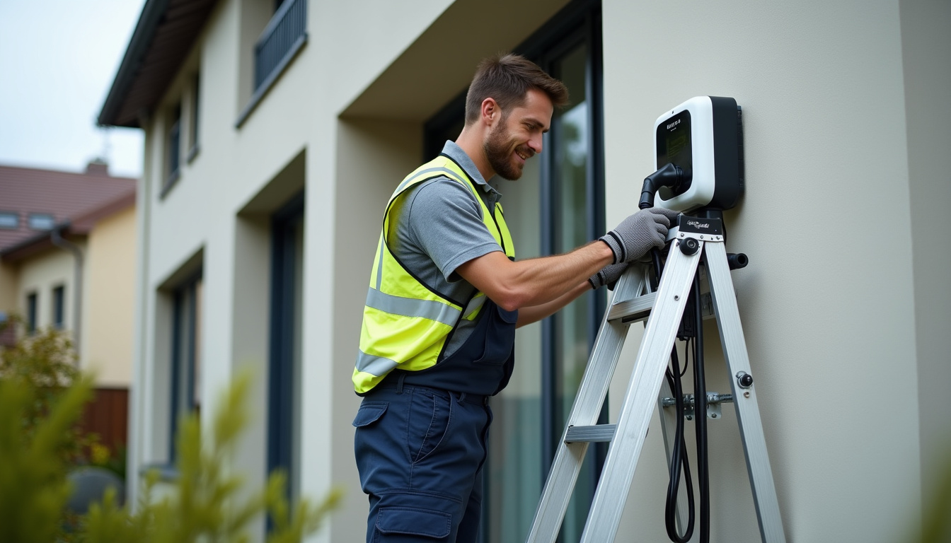 Technicien en train d’installer une borne de recharge électrique sur la façade d’une maison à Tignieu-Jameyzieu