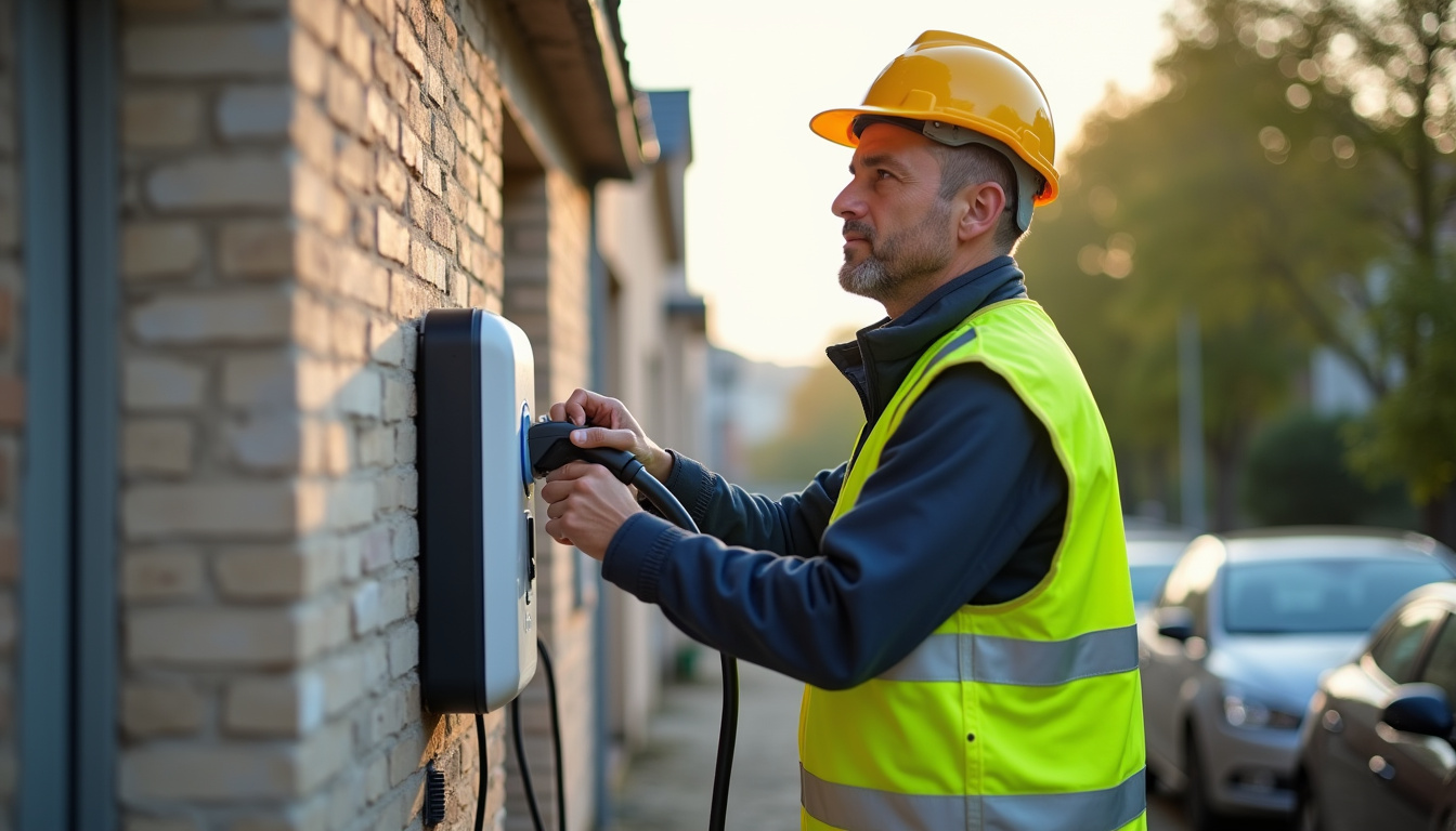 Technicien en train d’installer une borne de recharge électrique sur un mur extérieur à Choisy-au-bac
