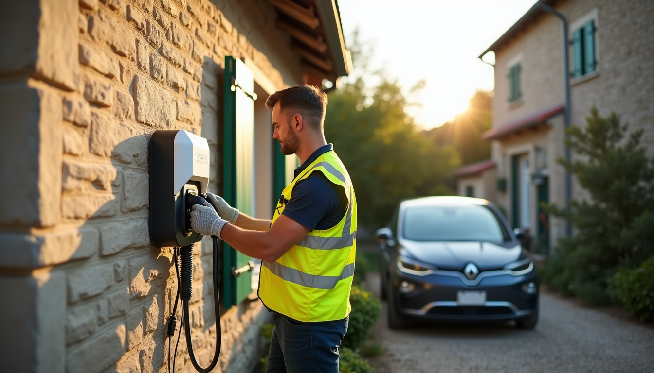 Technicien en train d'installer une borne de recharge électrique sur un mur extérieur d'une maison à Souvigny