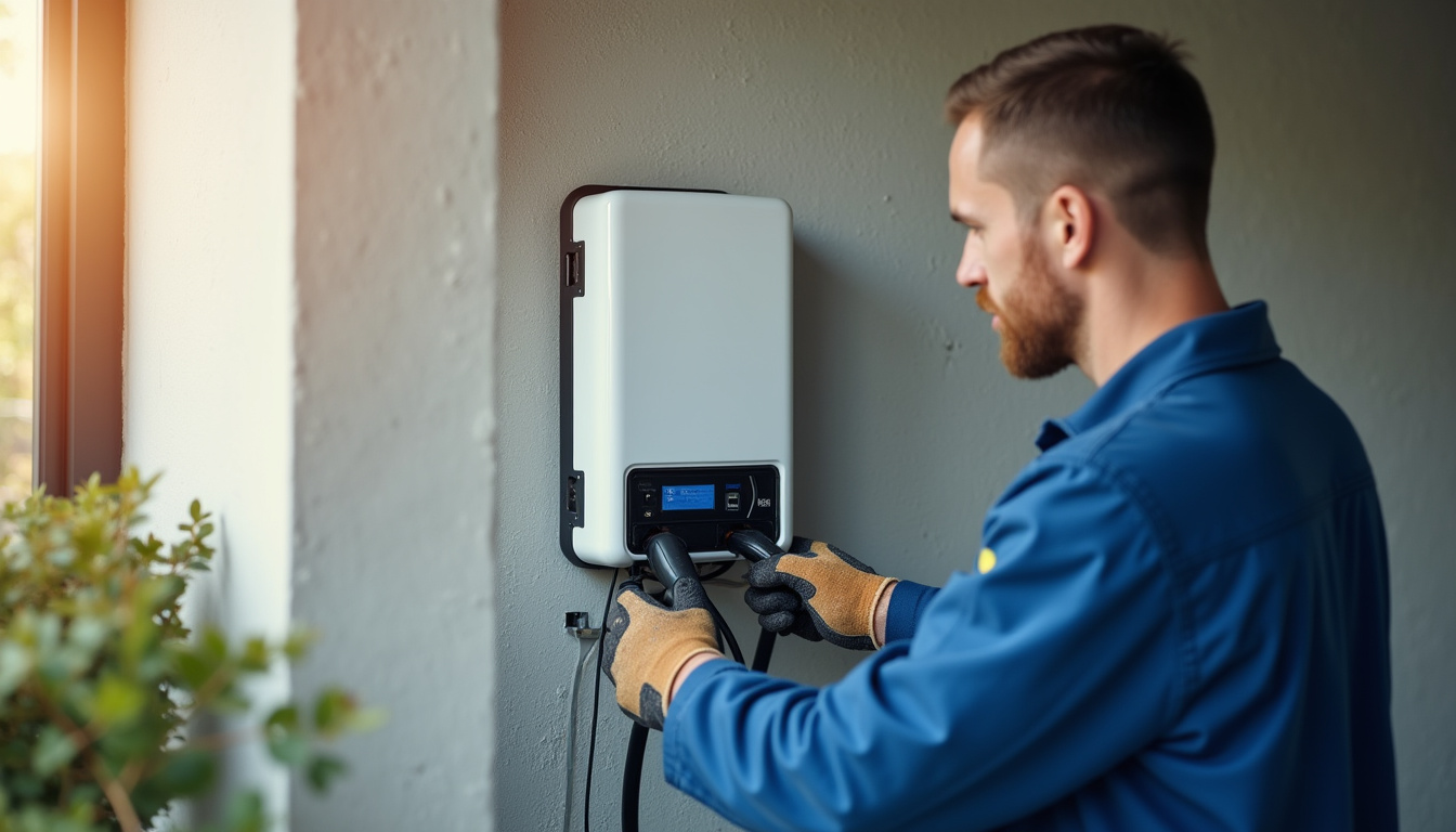 Technicien en train d'installer une borne de recharge murale à domicile à Huisseau-sur-Cosson