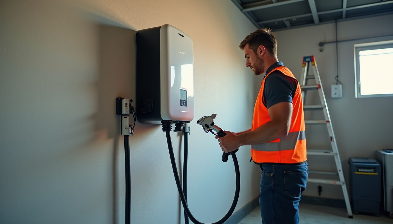 Technicien en train d'installer une borne de recharge murale dans un garage à Jarnac
