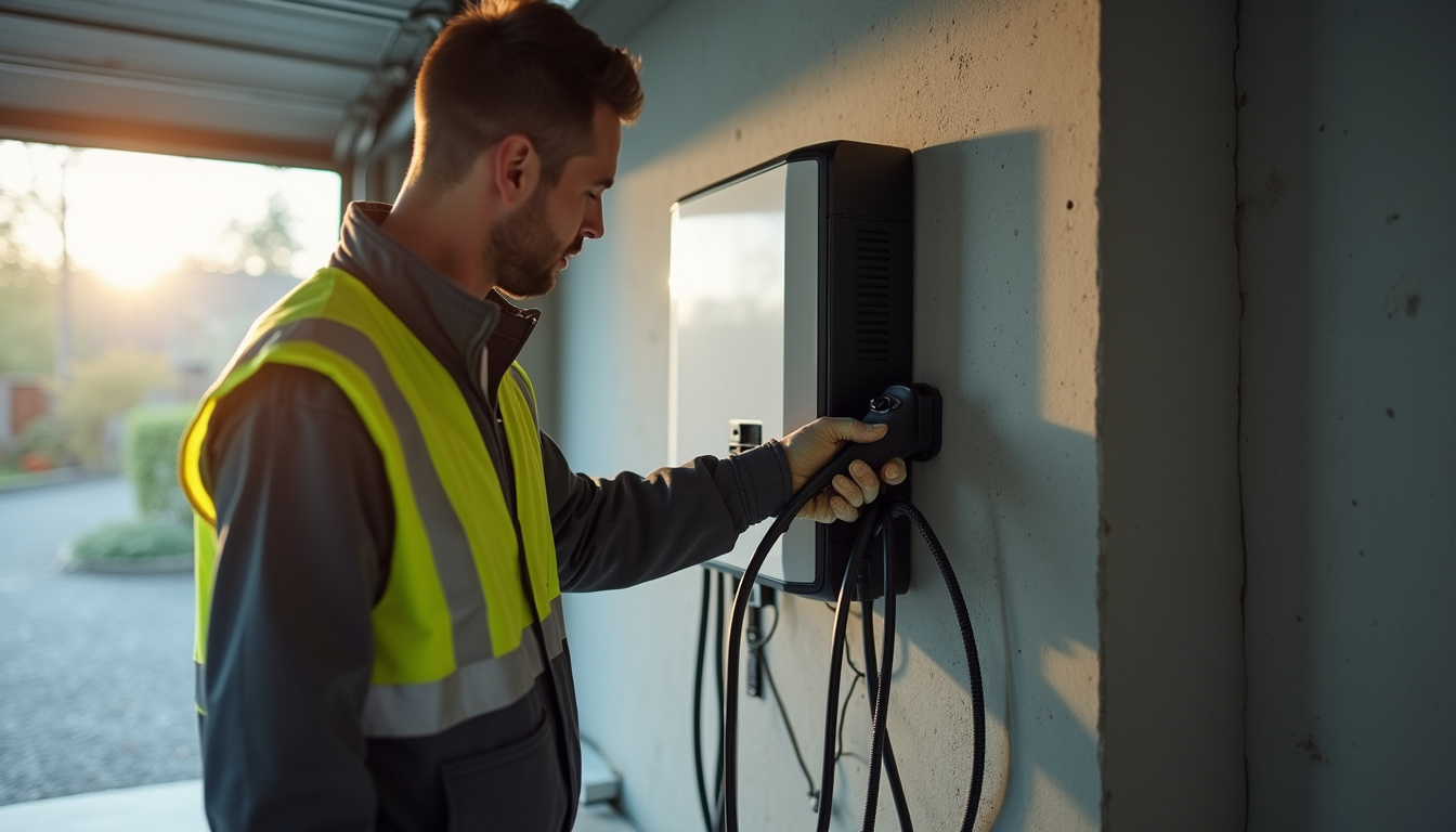 Technicien en train d'installer une borne de recharge murale dans un garage de maison individuelle