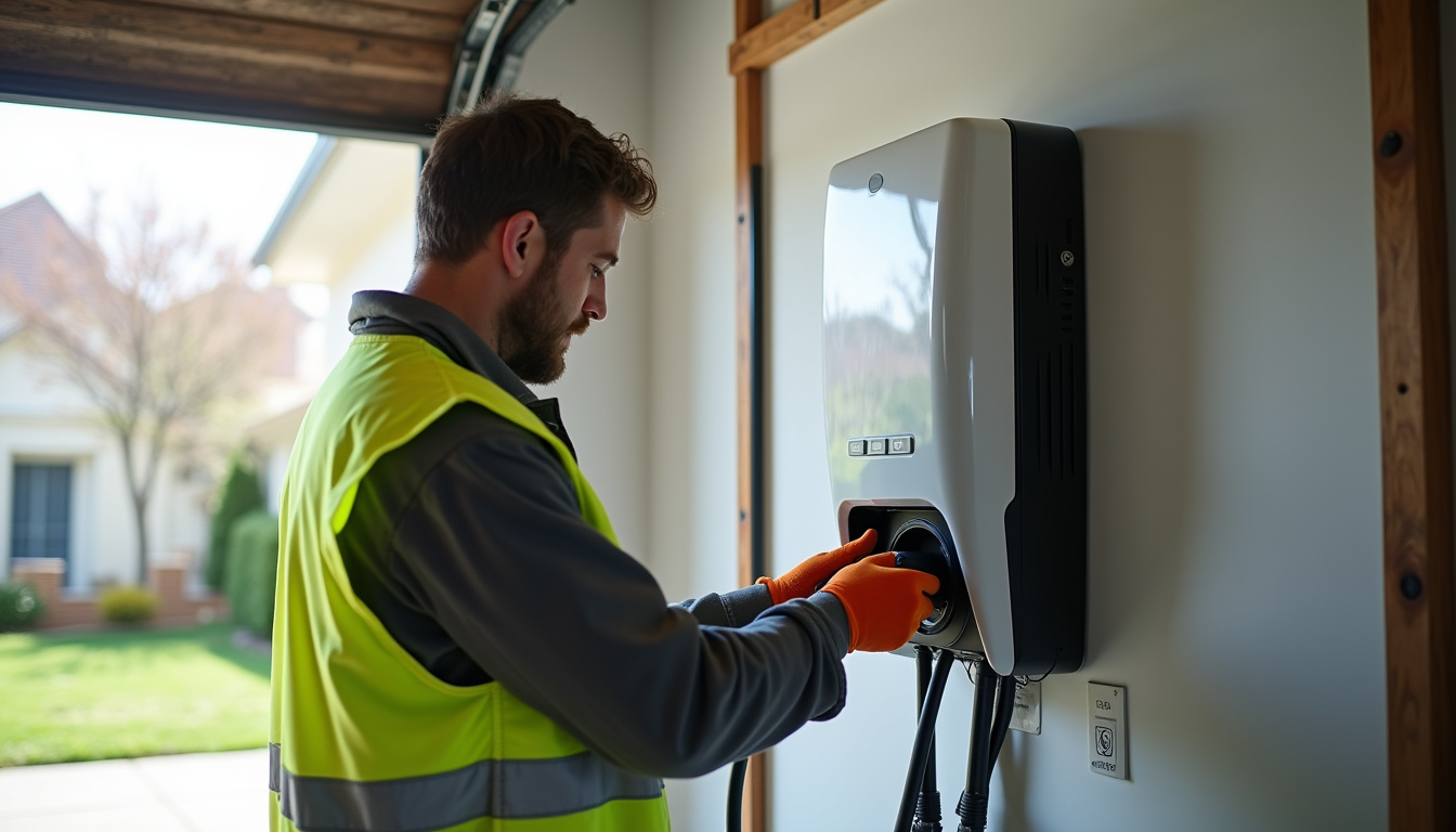 Technicien en train d'installer une borne de recharge murale pour véhicule électrique