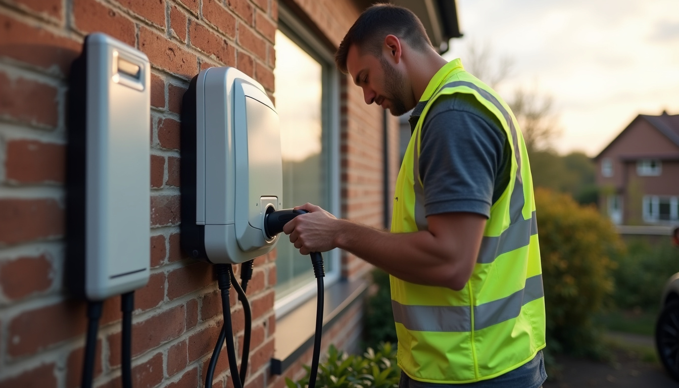 Technicien en train d’installer une borne de recharge murale sur un mur extérieur à Harnes
