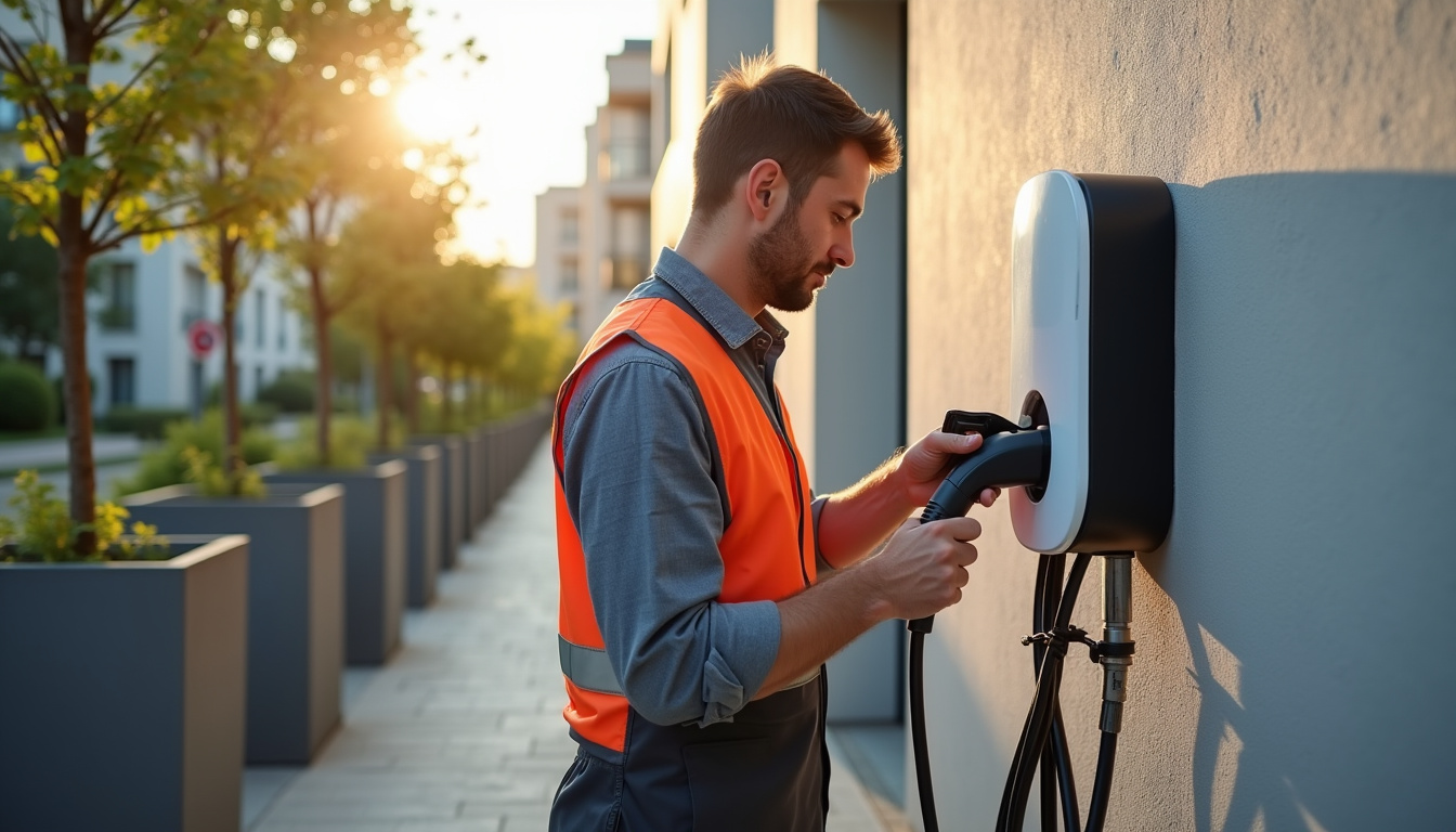 Technicien en train d'installer une borne de recharge pour véhicule électrique à Vénissieux