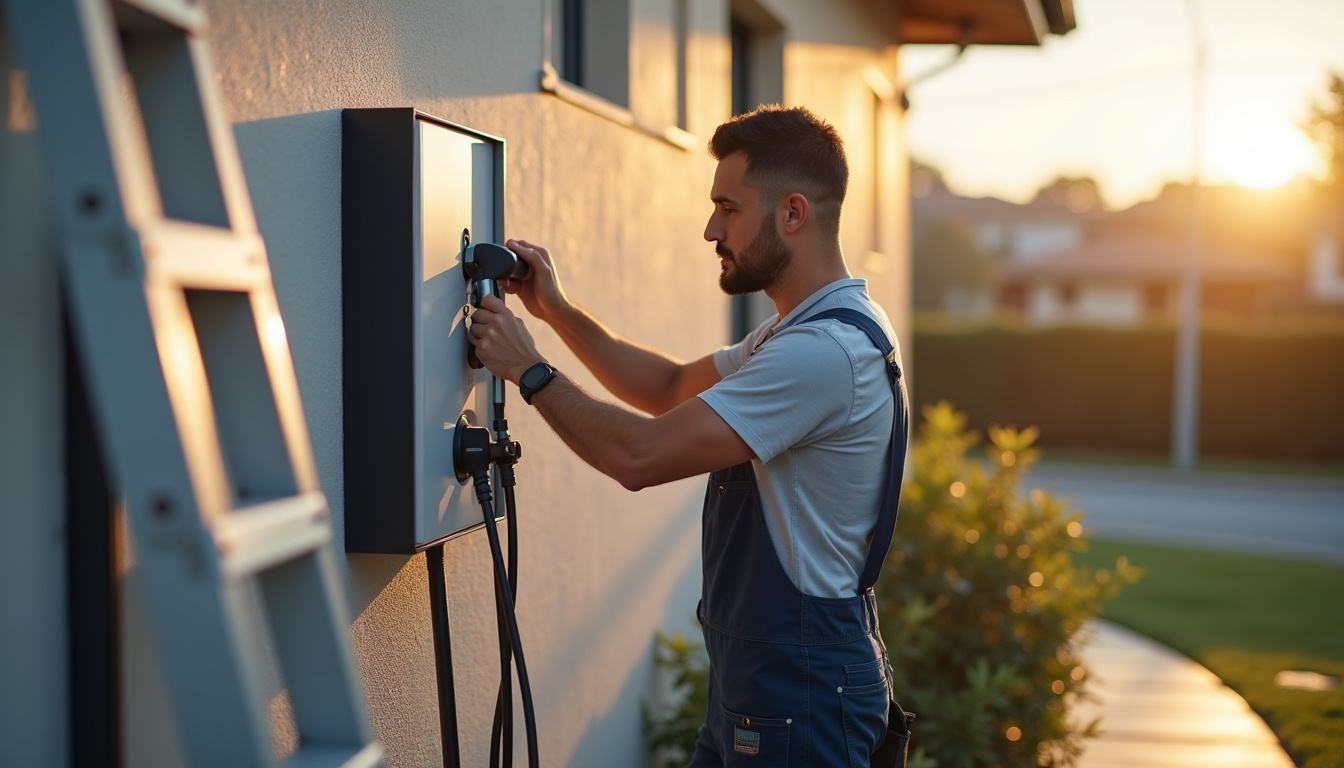 Technicien en train d’installer une borne de recharge pour voiture électrique à Artigueloutan