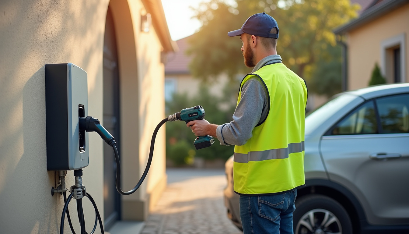 Technicien en train d'installer une borne de recharge pour voiture électrique à Chaleins