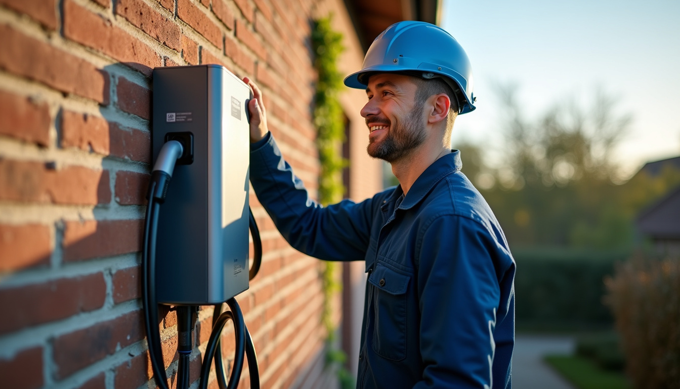 Technicien en train d'installer une borne de recharge pour voiture électrique à Lusignan