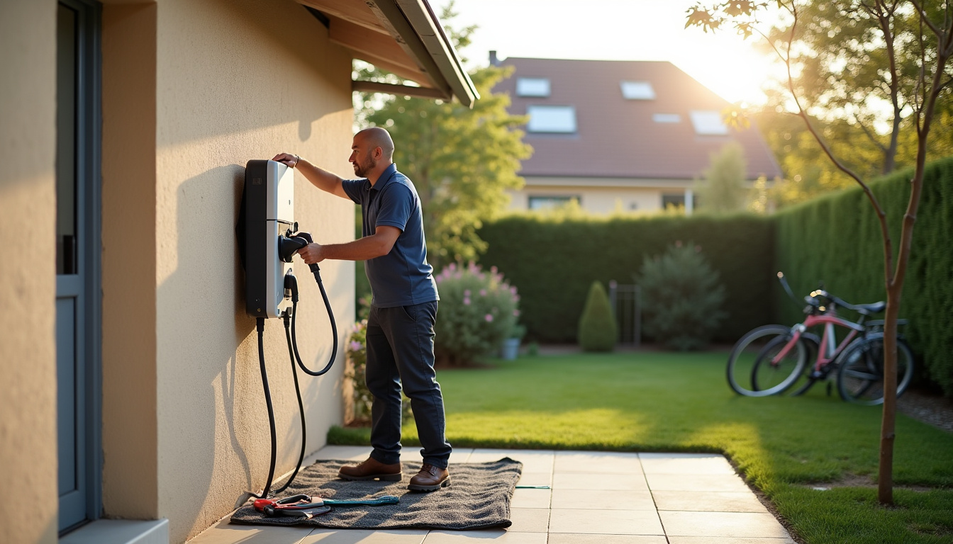 Technicien en train d'installer une borne de recharge sur le mur extérieur d'une maison à Balinghem