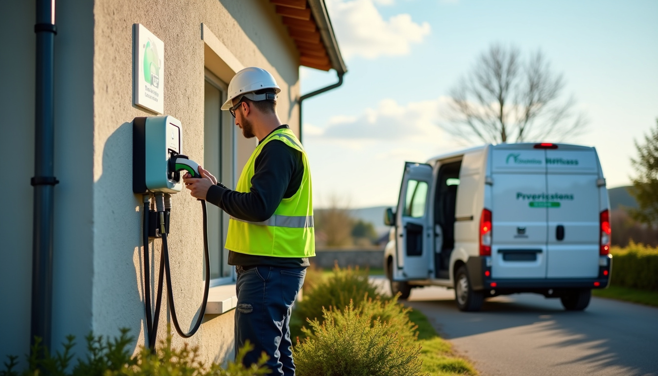 Technicien en train d’installer une borne de recharge sur un mur extérieur à Chavelot