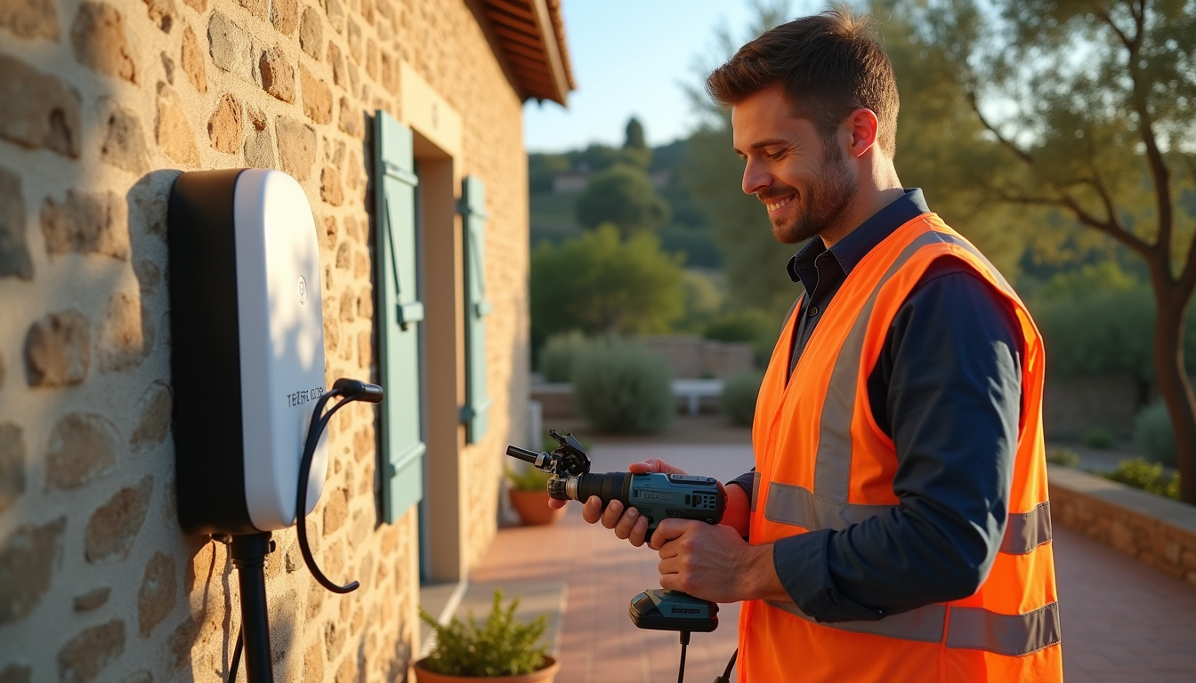 Technicien en train d’installer une borne de recharge sur un mur extérieur à Jouques