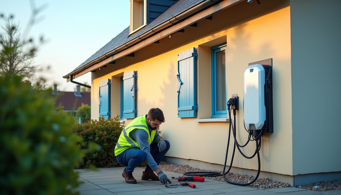 Technicien en train d'installer une borne électrique à l'extérieur d'une maison à Yébleron
