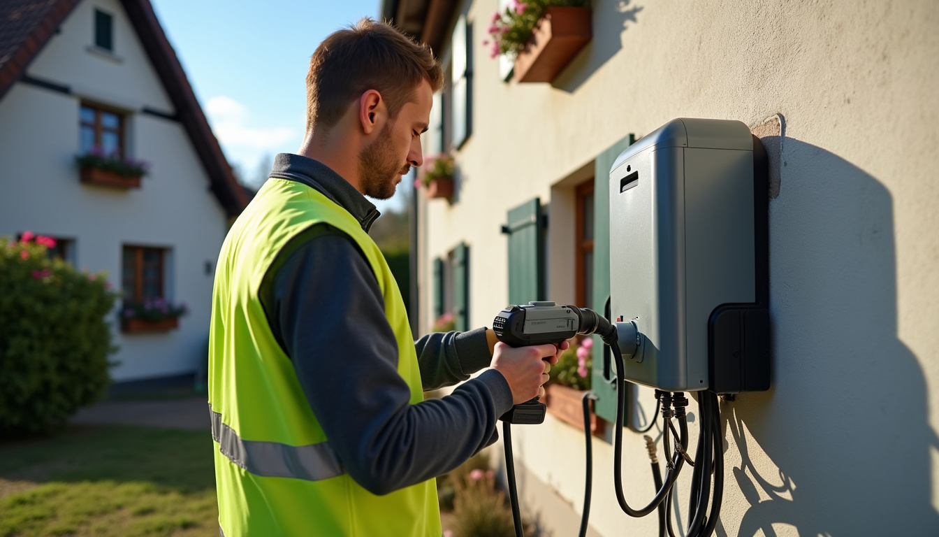 Technicien en train d'installer une borne électrique à Muespach-le-Haut