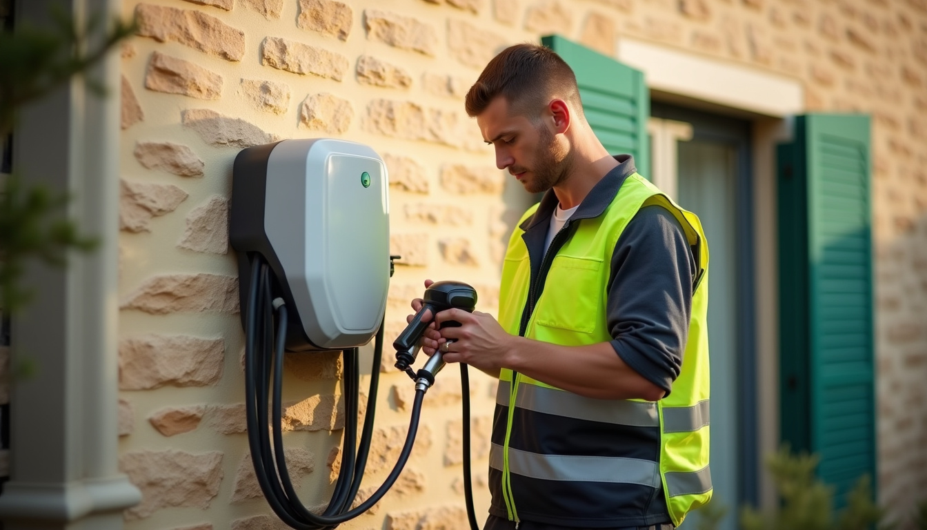 Technicien en train d'installer une borne murale de recharge électrique sur un mur extérieur à Redessan