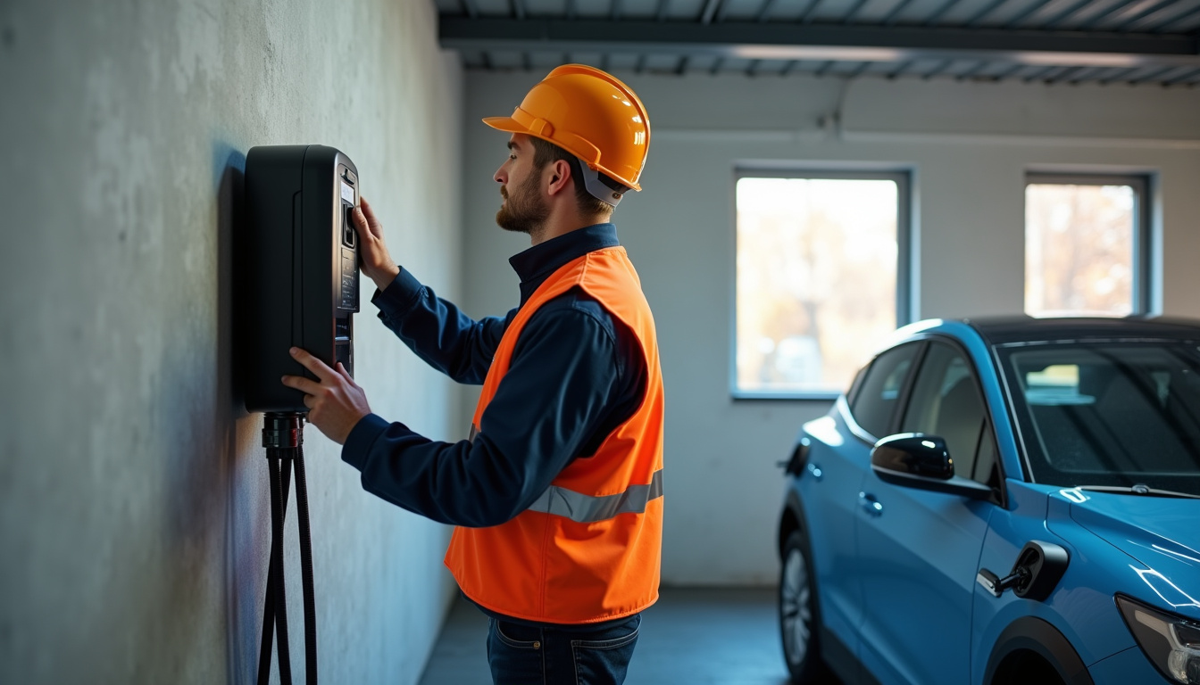 Technicien en uniforme en train d'installer une borne de recharge dans un garage à Senouillac