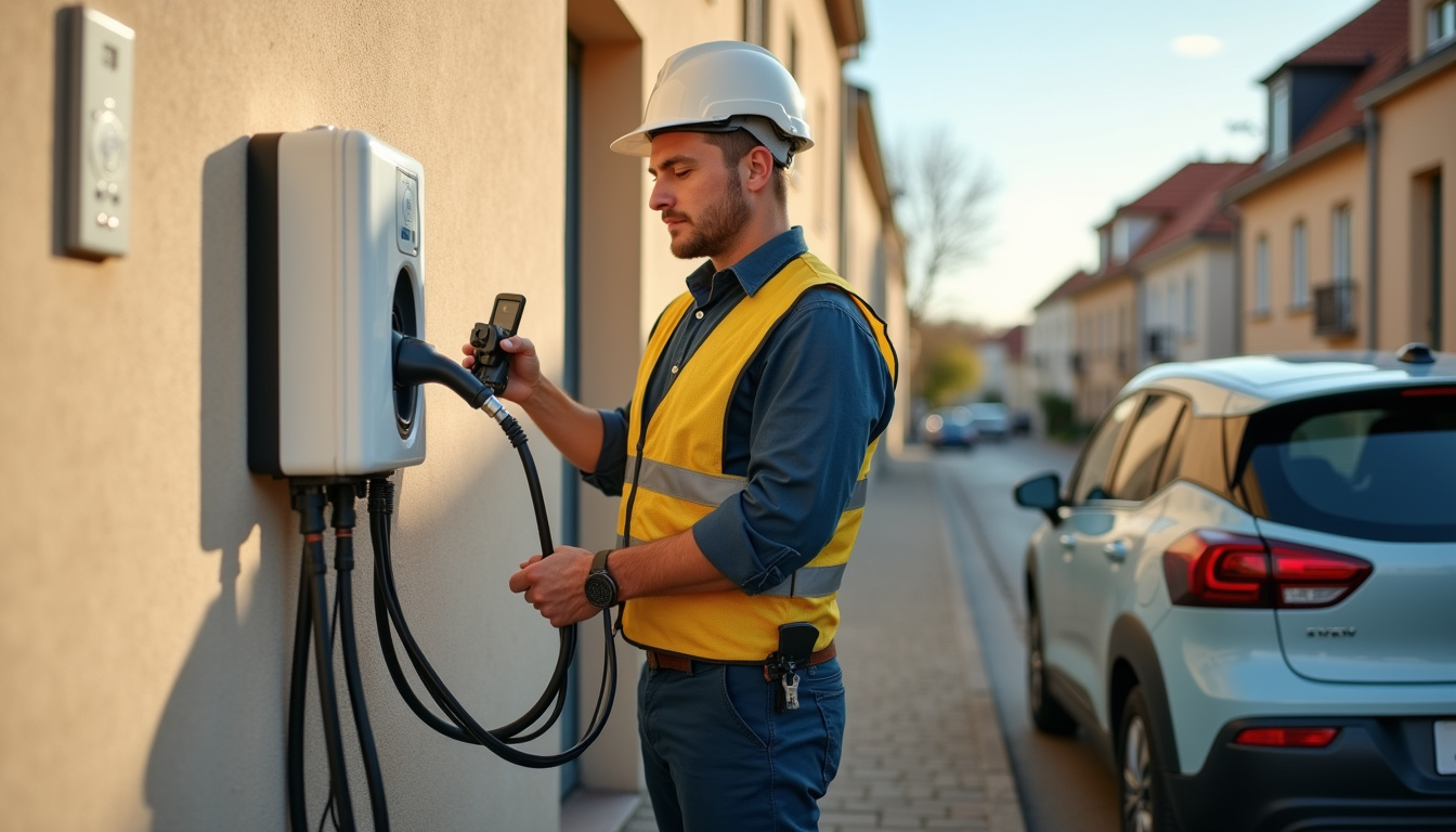 Technicien en uniforme en train d'installer une borne de recharge électrique à Achères