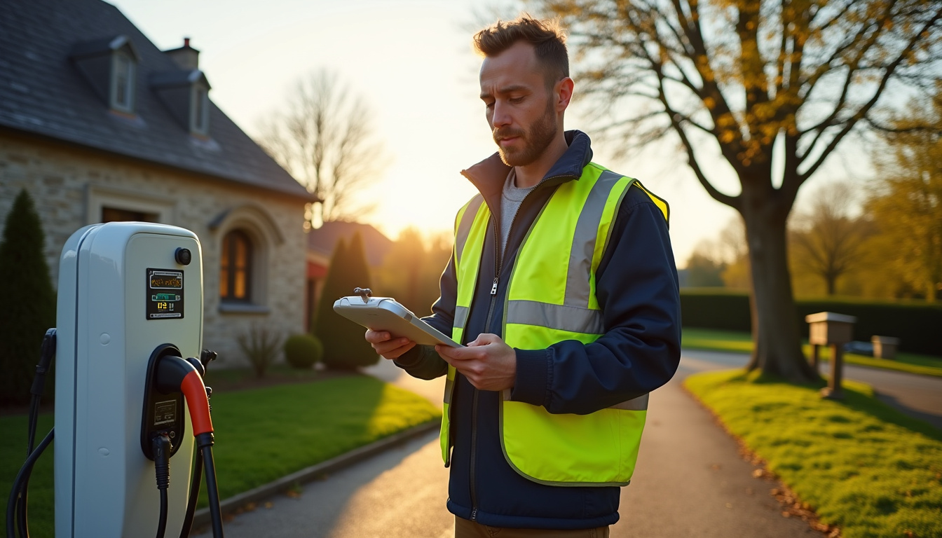 Technicien évaluant les besoins électriques pour l'installation d'une borne de recharge à Saint-Jean-sur-Mayenne