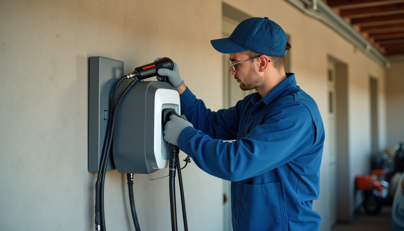 Technicien IRVE en train de fixer une borne de recharge murale