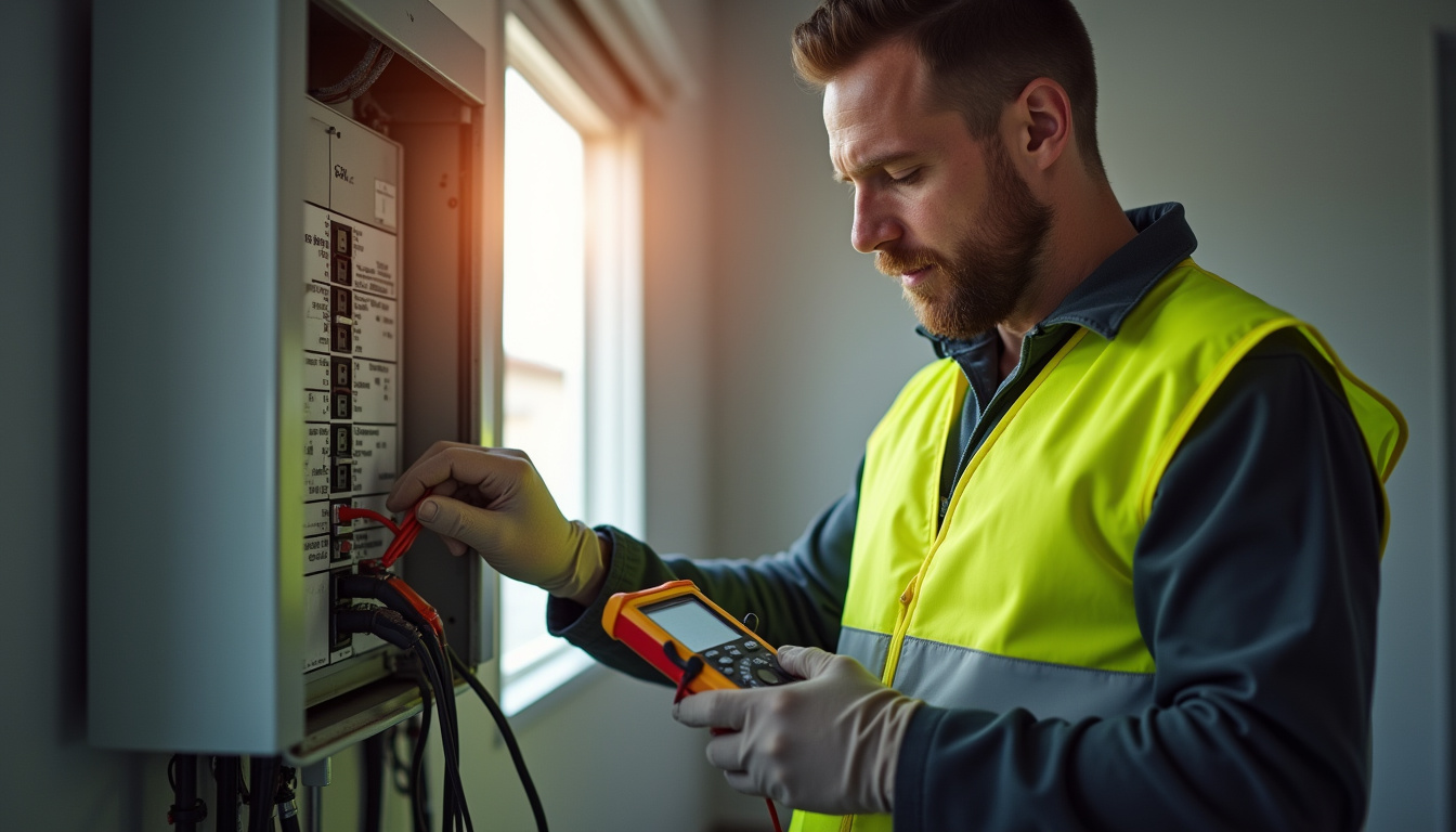 Technicien IRVE en train de vérifier un tableau électrique pour l’installation d’une borne de recharge à Périgneux