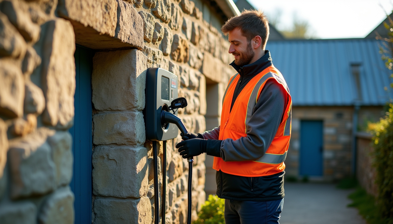 Technicien IRVE en train d'installer une borne de recharge à Plounévézel