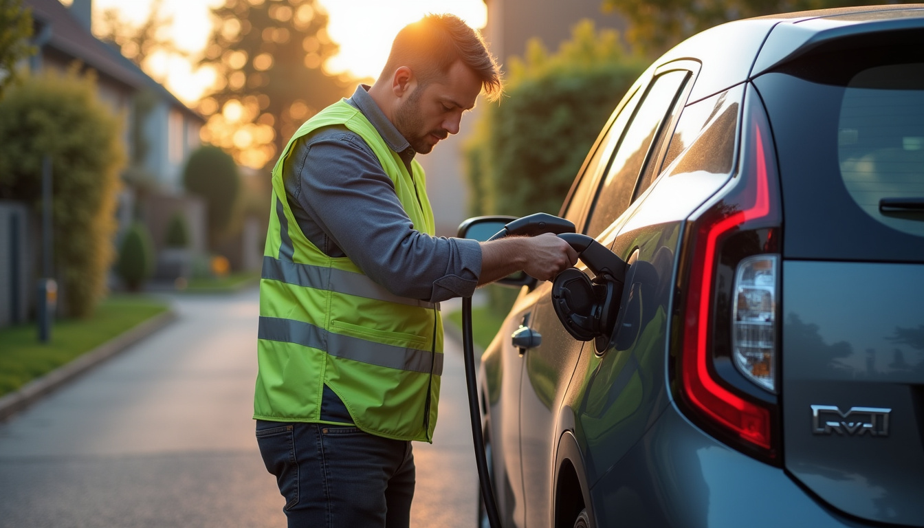 Technicien IRVE en train d'installer une borne de recharge à Réville