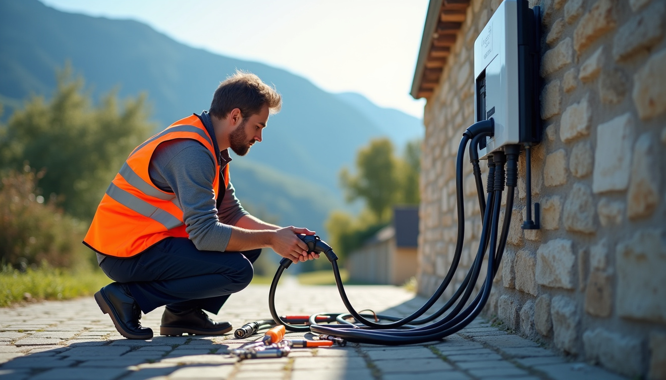Technicien IRVE en train d'installer une borne de recharge à Varces-Allières-et-Risset
