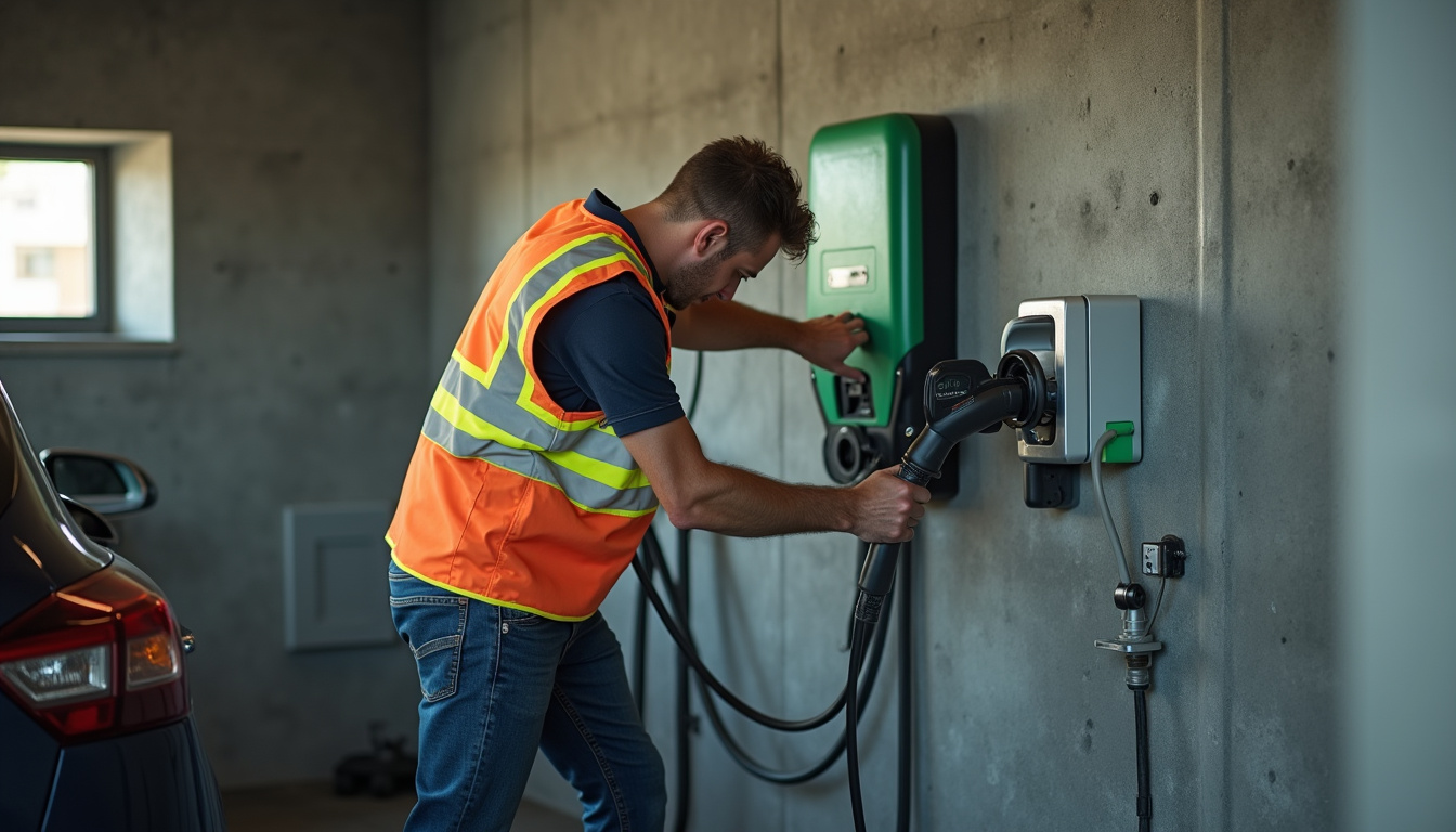 Technicien IRVE en train d'installer une borne de recharge dans un garage à Misérieux