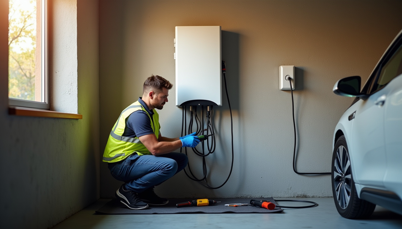 Technicien IRVE en train d'installer une borne de recharge dans un garage à Villard-Bonnot