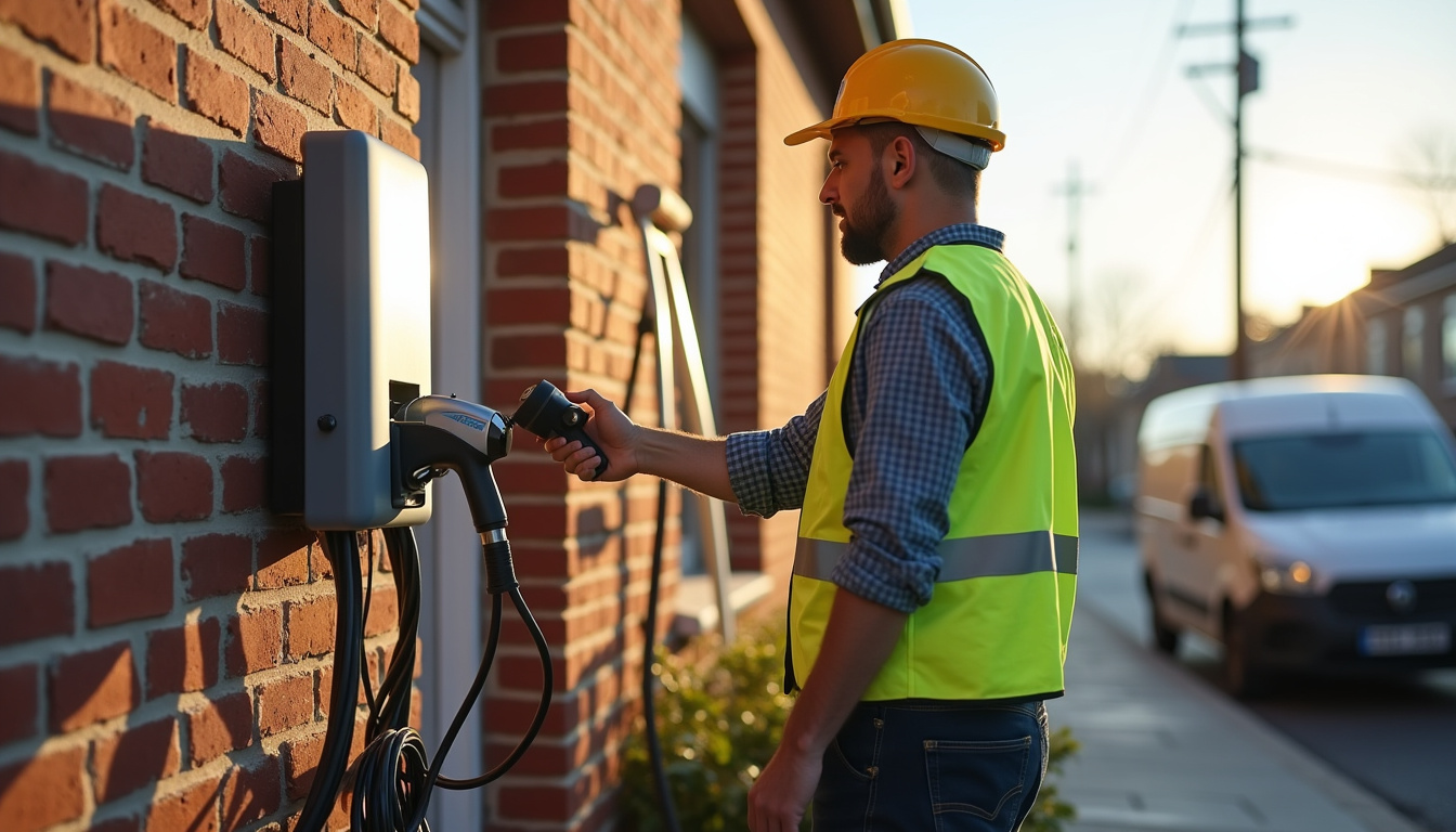 Technicien IRVE en train d'installer une borne de recharge sur un mur extérieur à Éleu-dit-Leauwette