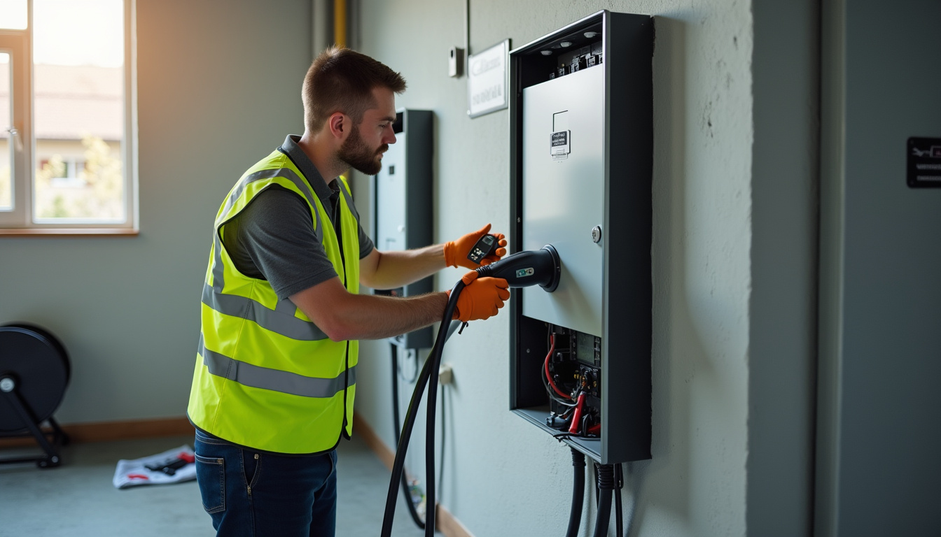Technicien IRVE vérifiant le tableau électrique avant installation d'une borne de recharge