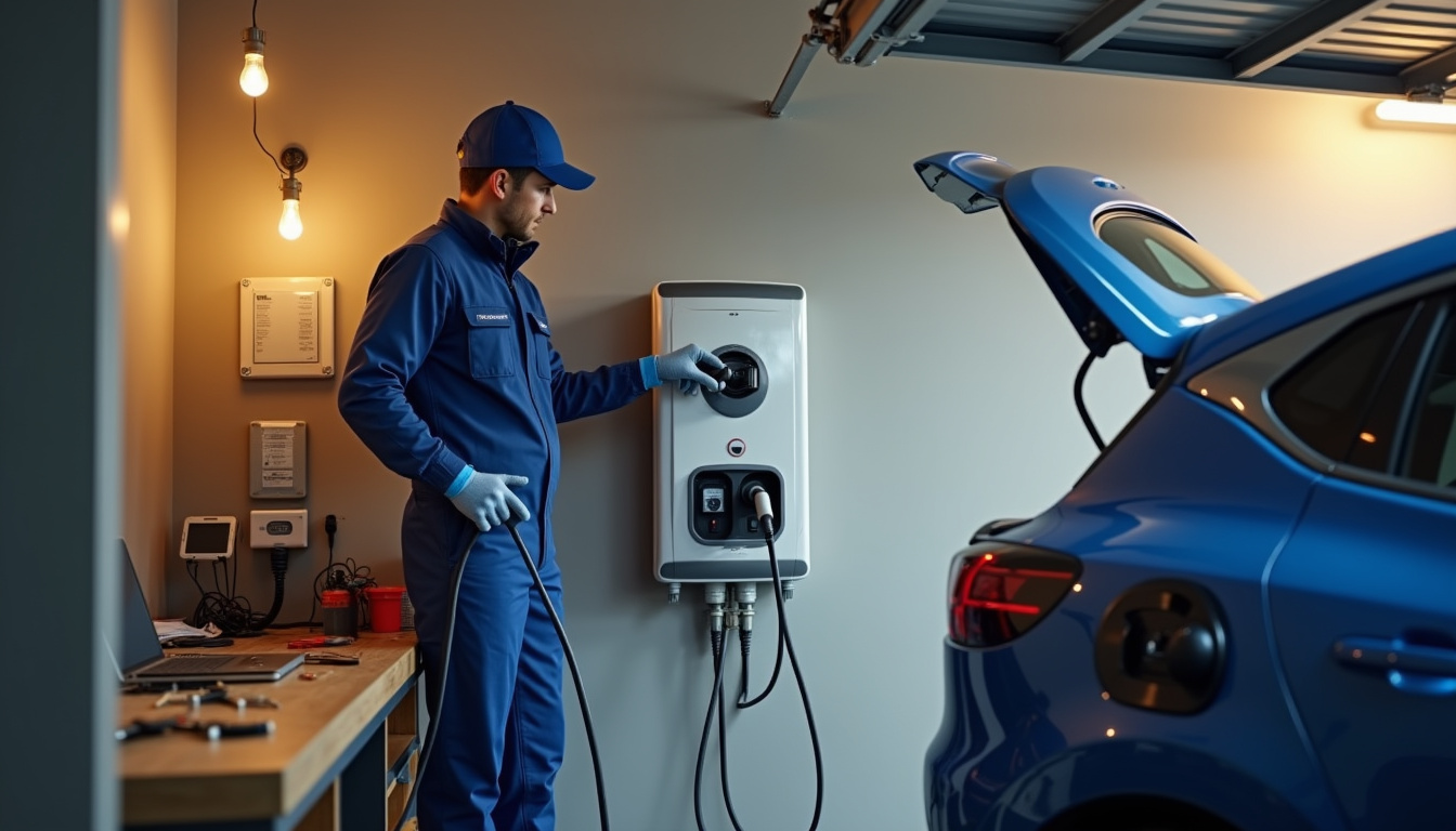 Technicien professionnel en train d'installer une borne de recharge dans un garage à Auboué