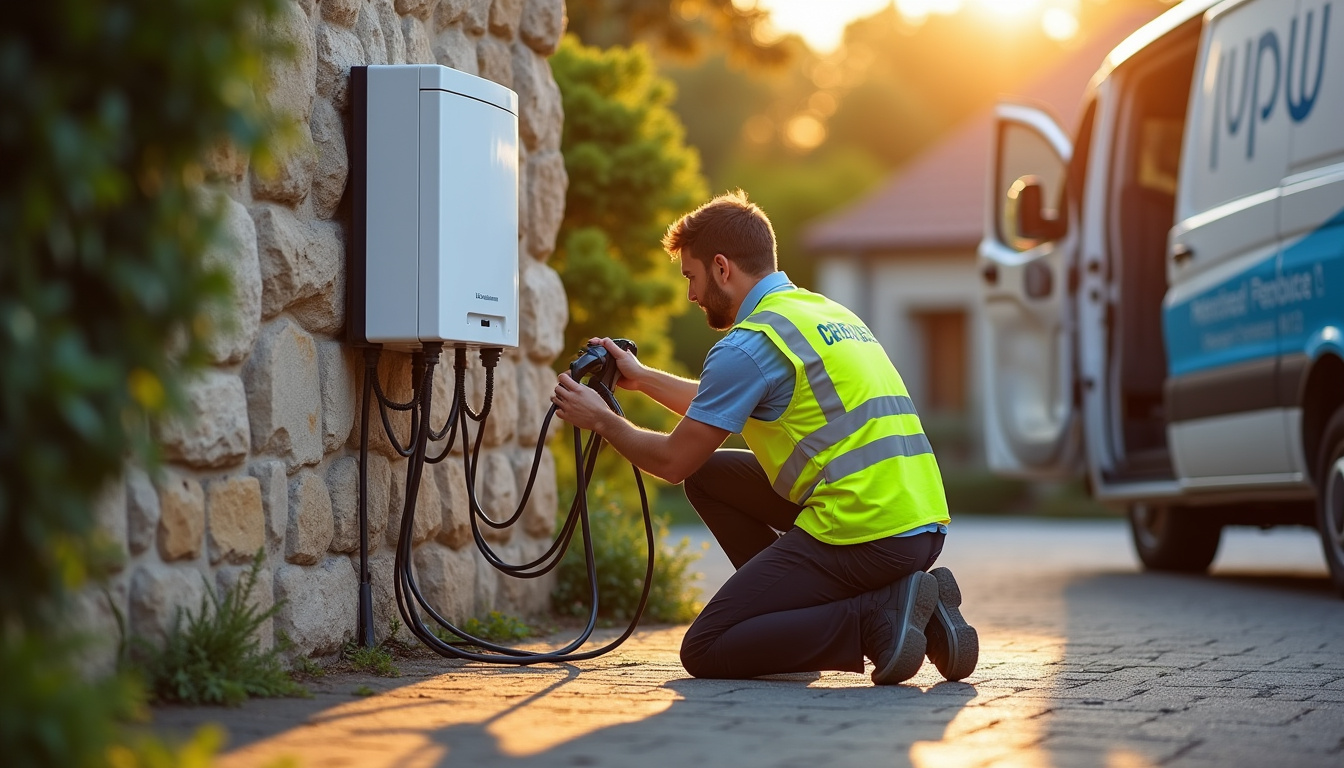 Technicien qualifié IRVE en train d'installer une borne de recharge à Vauhallan